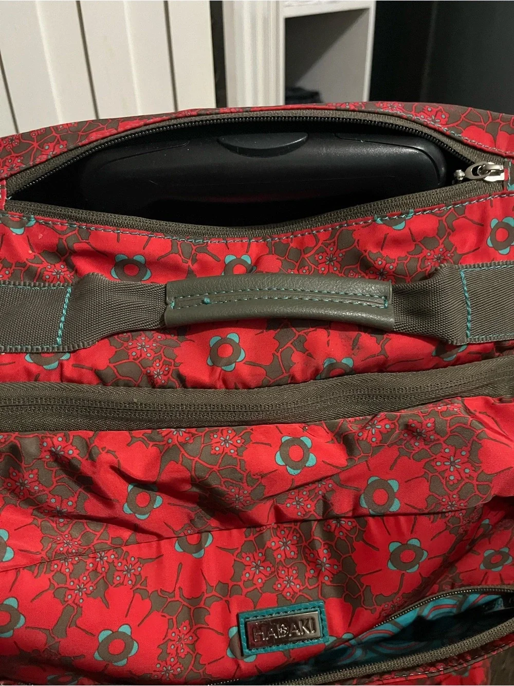 Harajuku Lovers Red Floral Rolling Travel Tote with Teal Accents